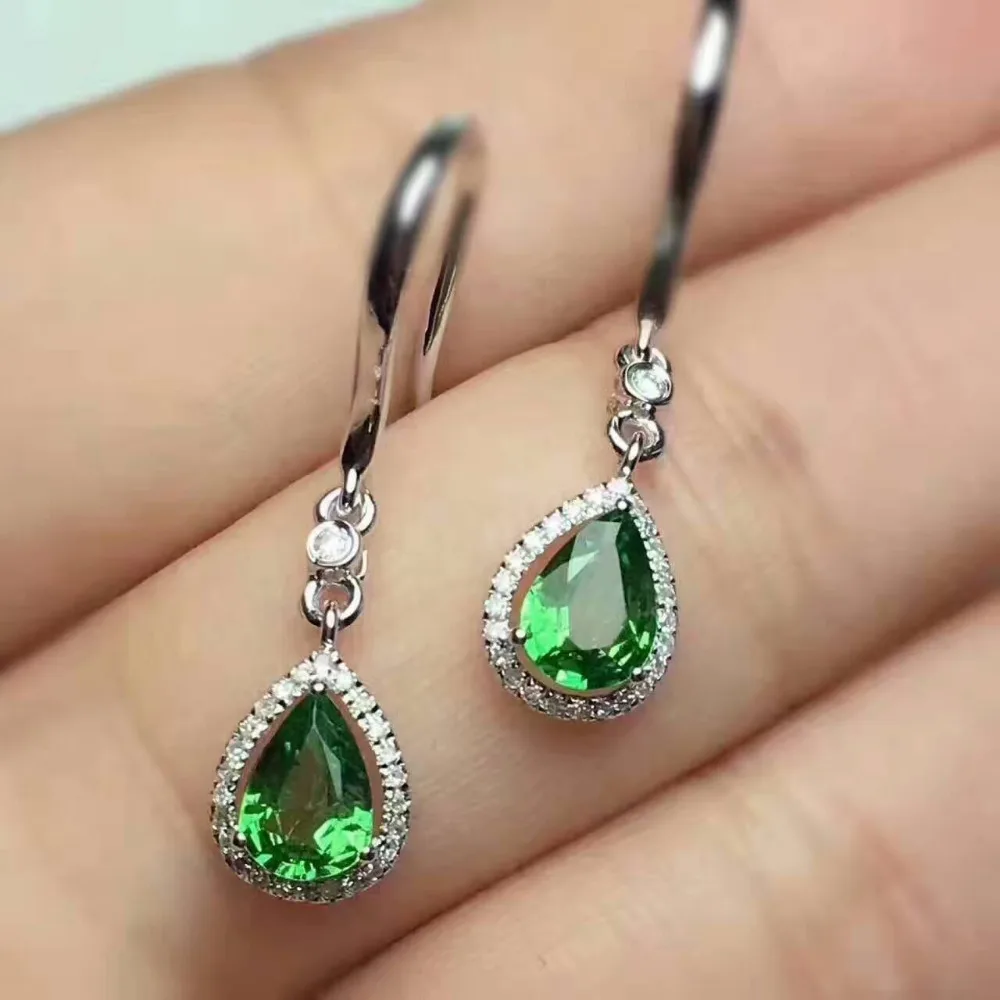 Женские серьги капли с натуральным зеленым диопсидом камнями из серебра 925 пробы