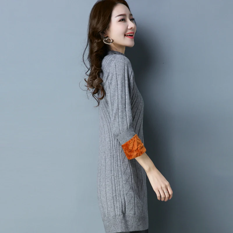 Autumn Winter New Half high collar Plus velvet Warm Sweater Women Long Knitted Pullover Large size LJ030 | Женская одежда