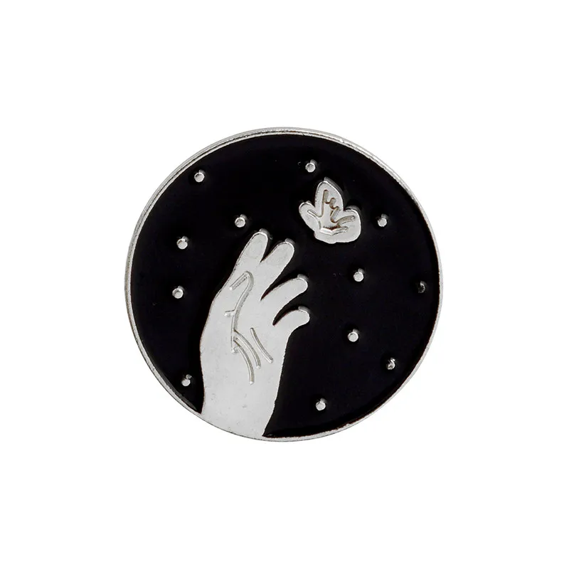 hand-silver Темная круглая горная Луна Звезда ветка руки Бабочка булавки эмаль нагрудные знаки Значки Броши для женщин мужчин ювелирные изделия - Окраска металла: hand-silver