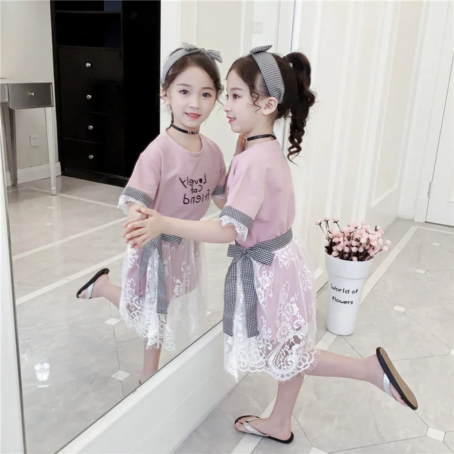 Dresses For Girls Patchwork Kids Lace Party Dress Letter Pattern Teenage Summer Clothes Girl 6 8 10 12 | Детская одежда и обувь