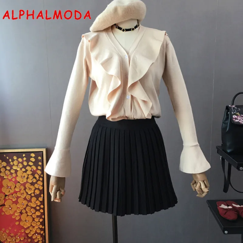 Женский вязаный кардиган ALPHALMODA с V-образным вырезом и оборками однотонный