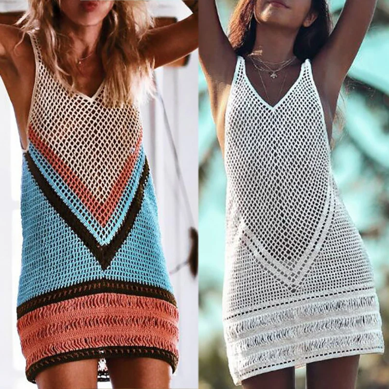Fanshion Цвет блок вязаные крючком модель с вырезами и кружевом кроше плавательный