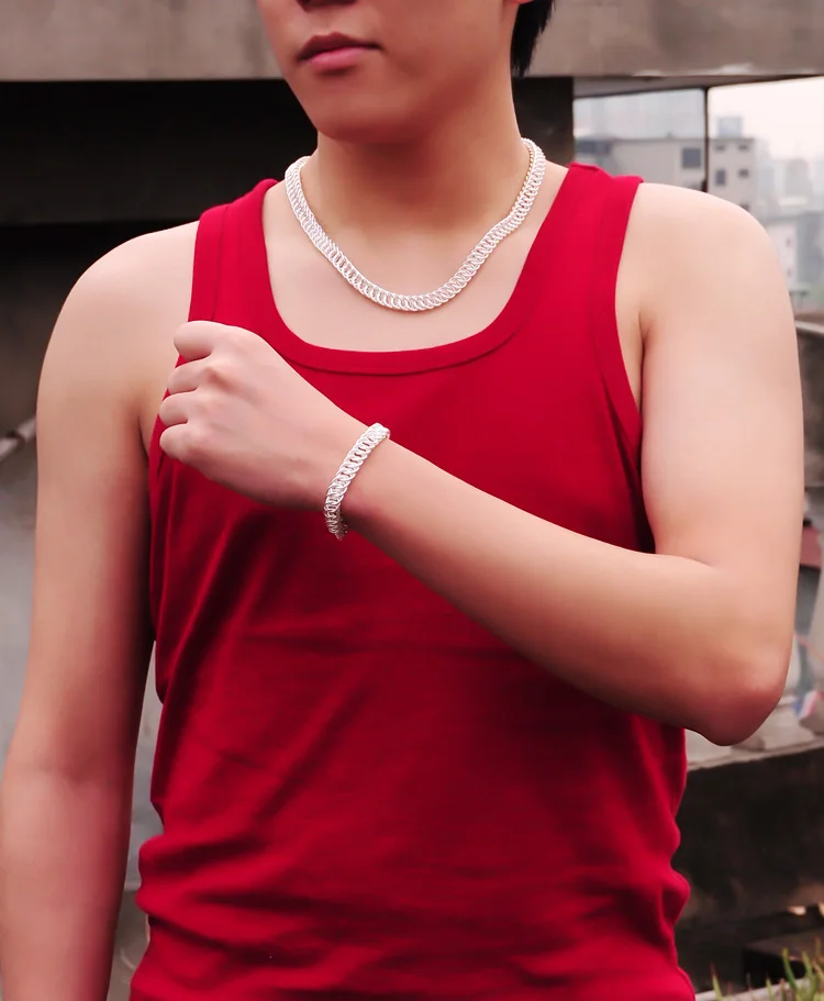 Модный мужской комплект из серебра 925 пробы ожерелье/браслет цельное серебряное