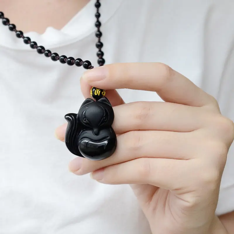 100% Natural Black Obsidian Hand Carved Big Cute Fox Lucky Pendant + Necklace | Украшения и аксессуары