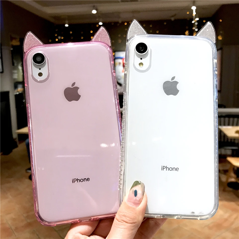 For iphone XS MAX Glitter Cover Cut Cartoon Cat Ears Diamond Texture Silicone Case Bling XR 6 6s 7 8 X Plus Phone Cases |