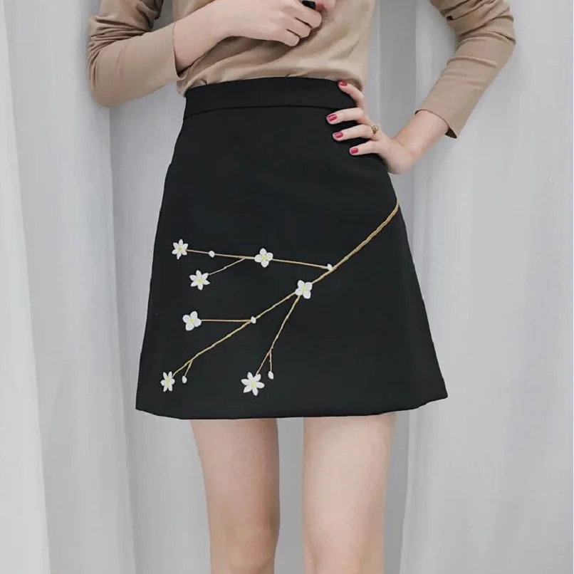 Женская юбочка с высокой талией весенняя Корейская цветочной вышивкой|skirt