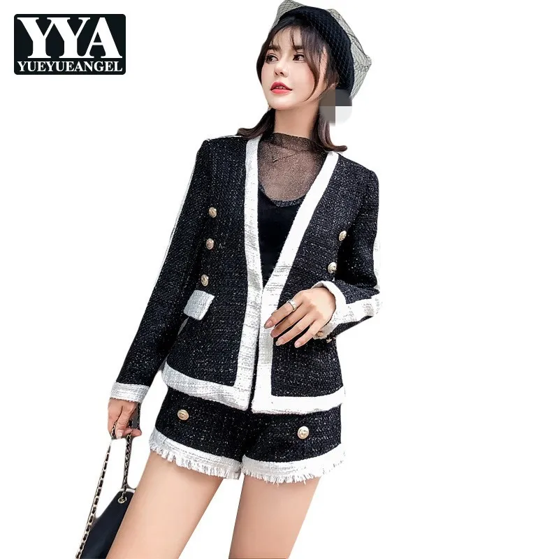 Женский комплект из двух предметов твидовый пиджак на пуговицах и шорты | Женская