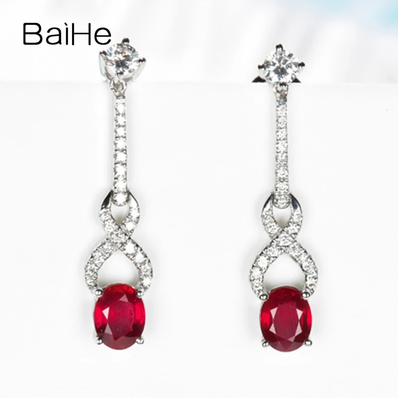 BAIHE Твердое 14 к белое золото 0.80ct Овальный натуральный рубин 0.26ct H/SI бриллианты Свадебные трендовые ювелирные изделия рубис бриллианты серьги