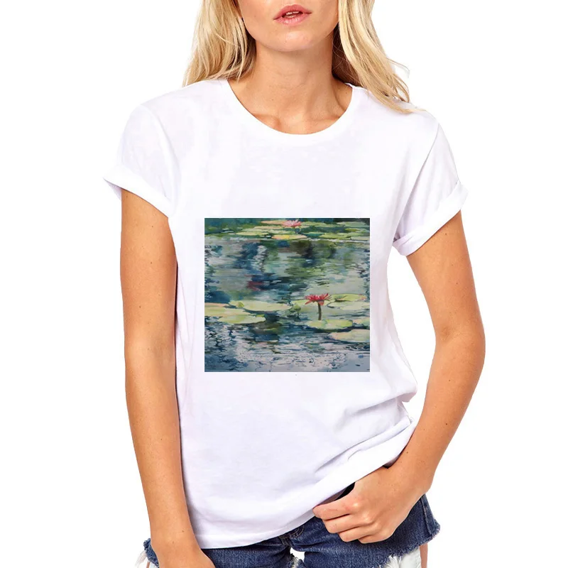 Винтажная женская футболка с масляной росписью Monet новая летняя модная круглым