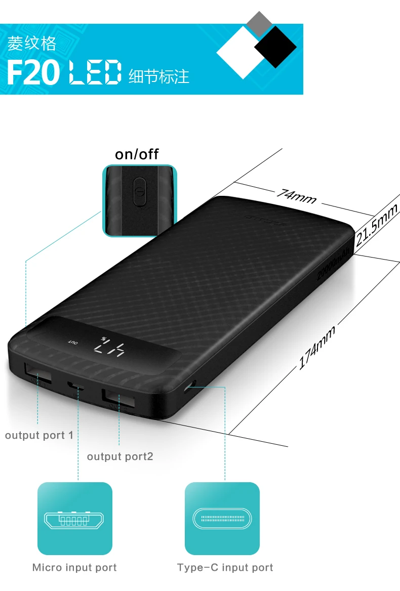 Scud power bank 20000mAh+ USB кабель type-C со светодиодный зарядным устройством с цифровым дисплеем для мобильных телефонов Xiaomi huawei LG samsung Android