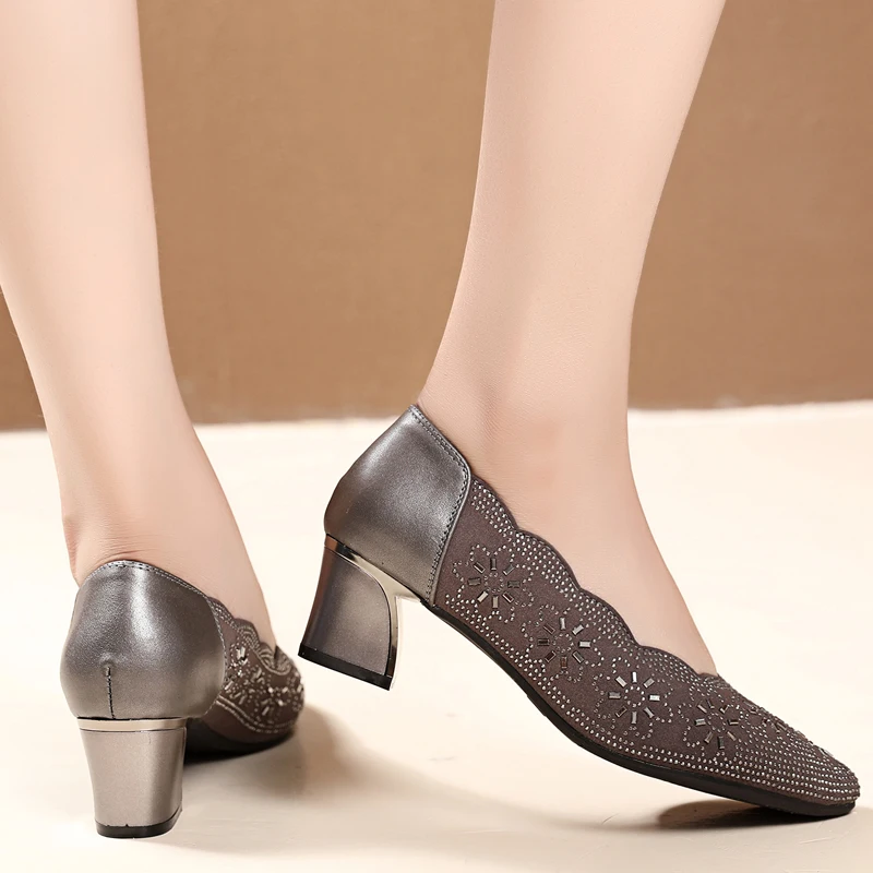 

GKTINOO 2021 Summer Women High Heels Rhinestone Pointed Toe Woman Shoes Genuine Leather Ladies Shoes Pumps zapatos mujer