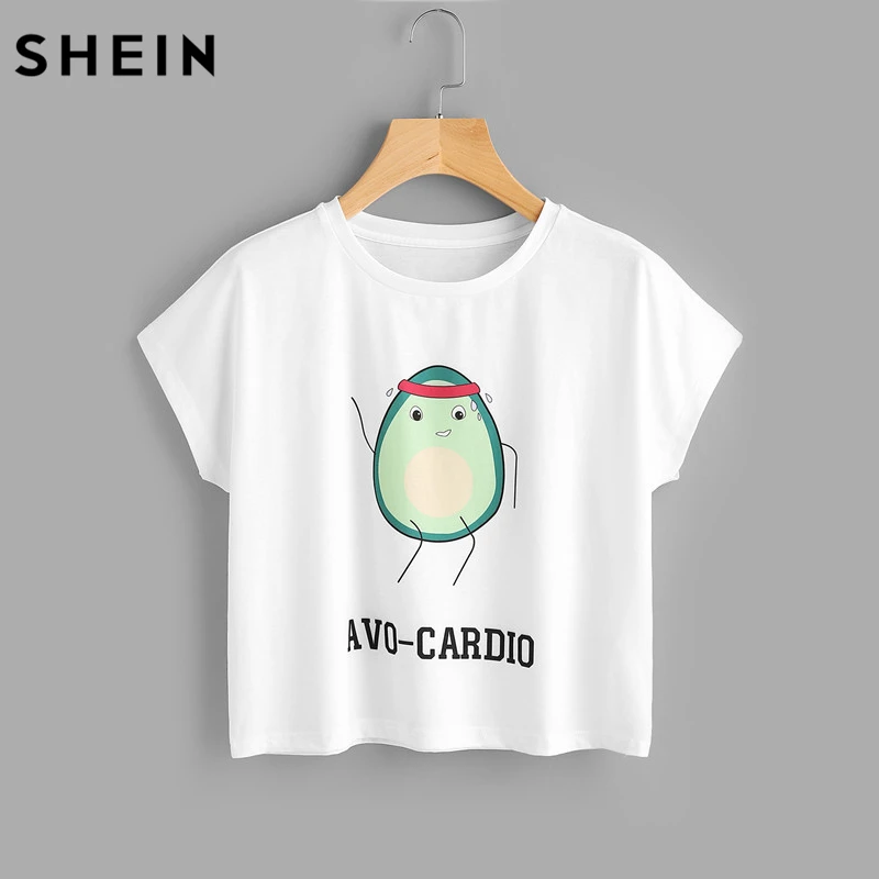 SHEIN Повседневный Женский комплект из двух предметов,, летний комплект с мультяшным принтом авокадо, футболка с коротким рукавом и шорты с эластичной резинкой на талии