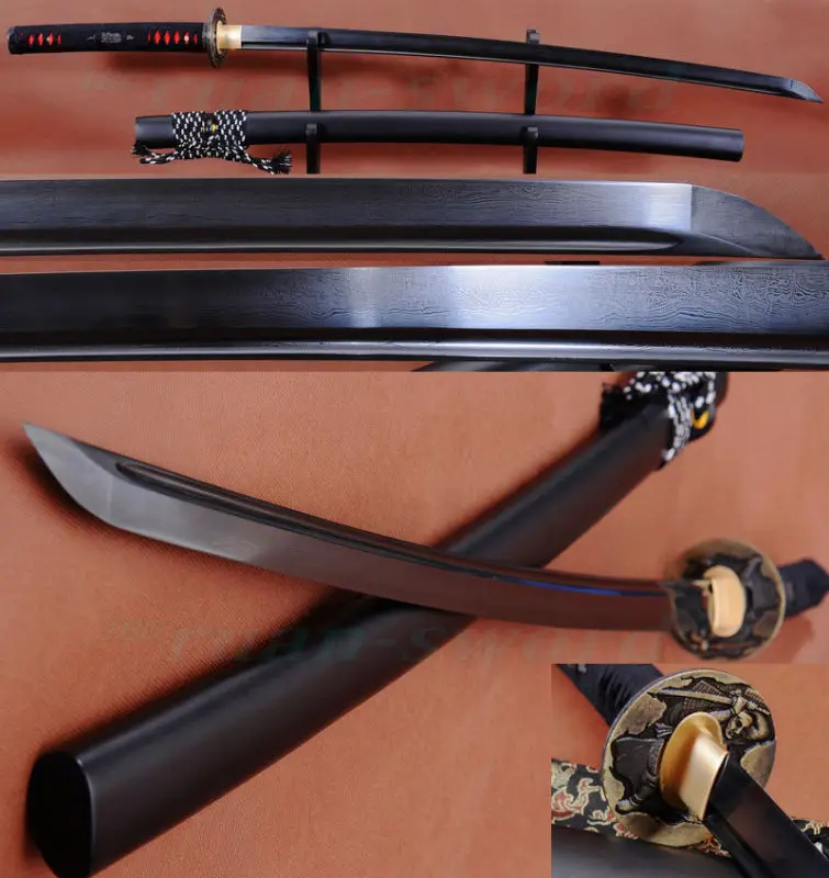 Японский Samurai Katana черный сверкающий стальной полностью острый ручной работы|katana