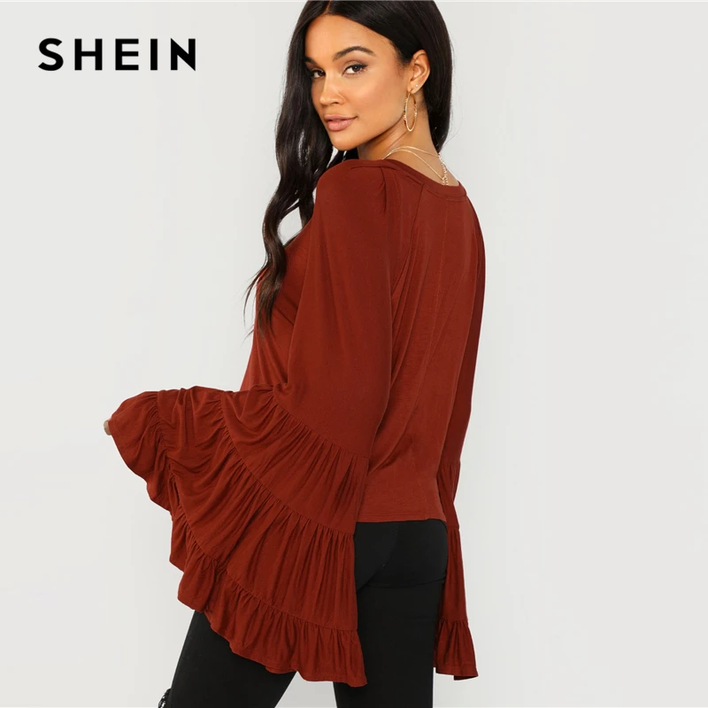 SHEIN, ржавчина, рабочая одежда, элегантная, Многоуровневая, с воланом, с рукавом колокол, с рюшами, с длинным рукавом, однотонная блузка, осень, минималистичные Женские топы и блузки