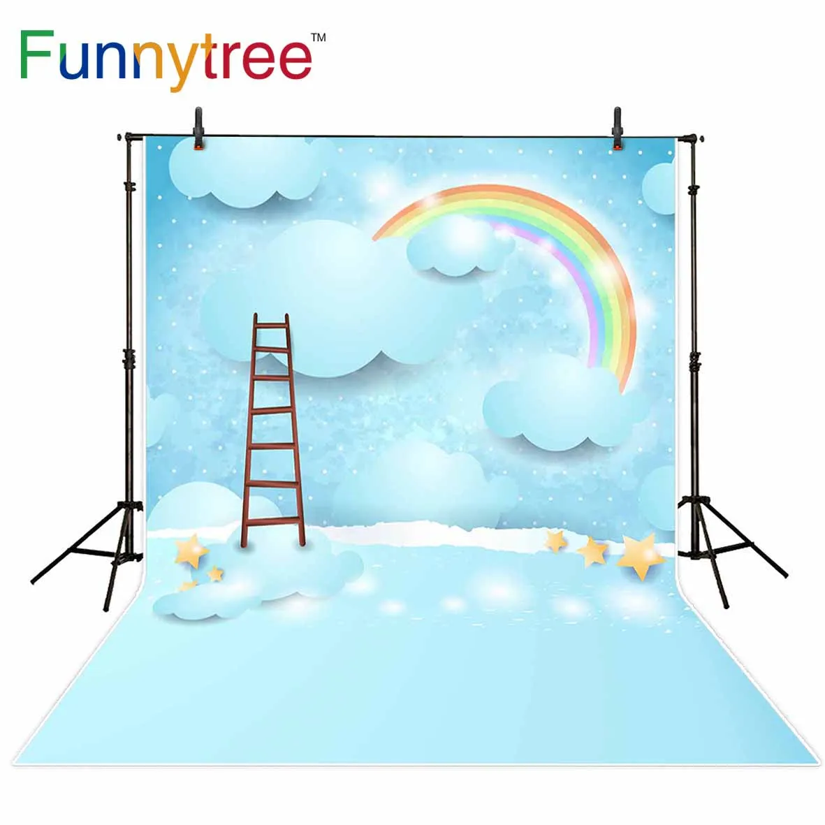 

Funnytree backgrounds for photography studio blue sky rainbow cloud star ladder kids professional backdrop photobooth photocall