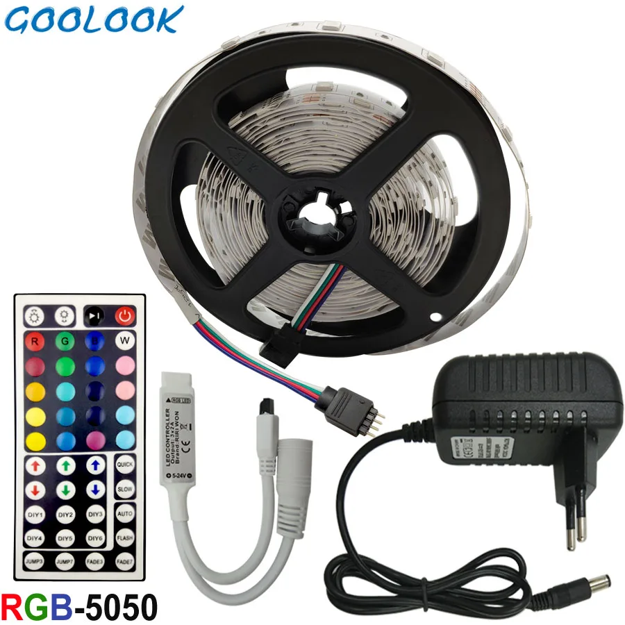 5 м 10 м 15 м СВЕТОДИОДНАЯ лента SMD RGB 5050 Светодиодная лента светильник RGB Fita гибкая светодиодная лента 12 В постоянного тока e с пультом дистанционного управления и адаптером