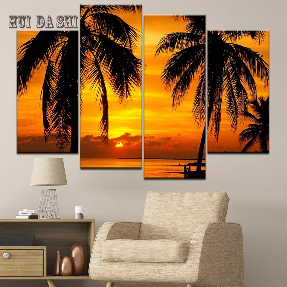 

Wall Art Canvas Paintings 4 Pieces Sunset Beach Sea landscape Waves Poster HD Printed Seascape Coconut tree Pictures Home Decor