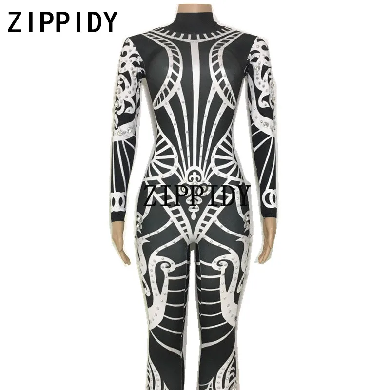 

Black White Pattern Glisten Big Stones Jumpsuit Women's Prom Party Female Singer DS Dance Nightclub Wear Sexy Stretch Bodysuit