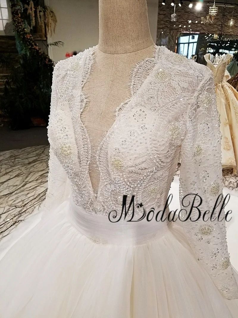 modabelle Arab Wedding Dress Bridal Gown Lace Beading Pearls Church Brautkleid 2018 High-end Luxury Long Sleeve Wedding Gown