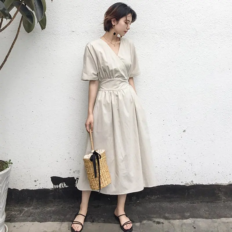 Летнее офисное элегантное винтажное женское платье миди в японском стиле