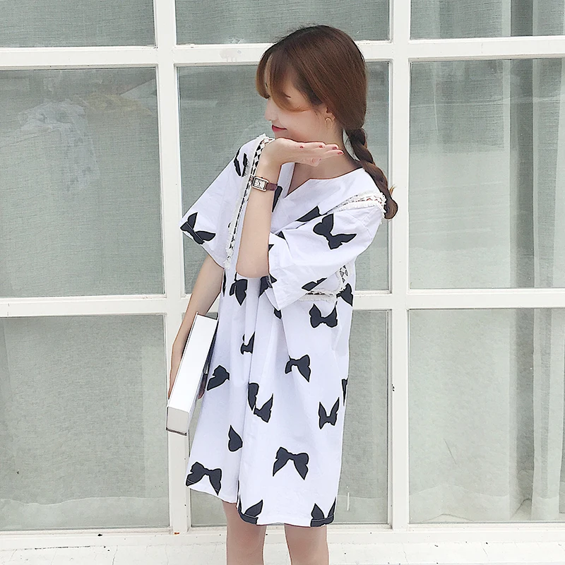 sweet summer new v-neck short sleeve lace hollow out bow print straight mini-dress fashion brand Korean style Women's Clothing | Женская