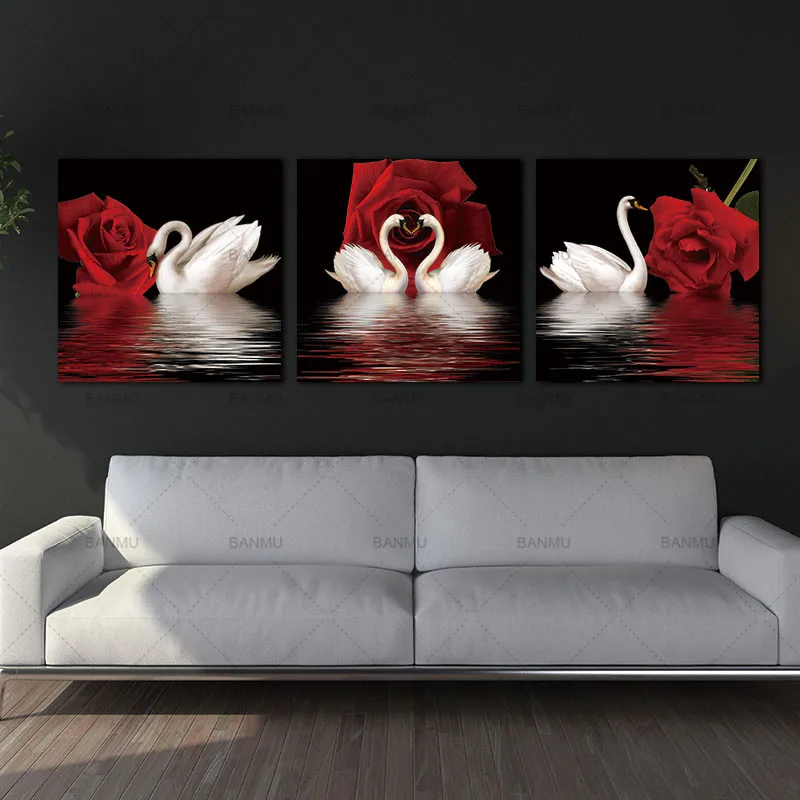 

3 Panel painting on the wall Modular Pictures Modern Canvas Oil Paintings Wall Pictures For Living Room Swan Rose HD Print