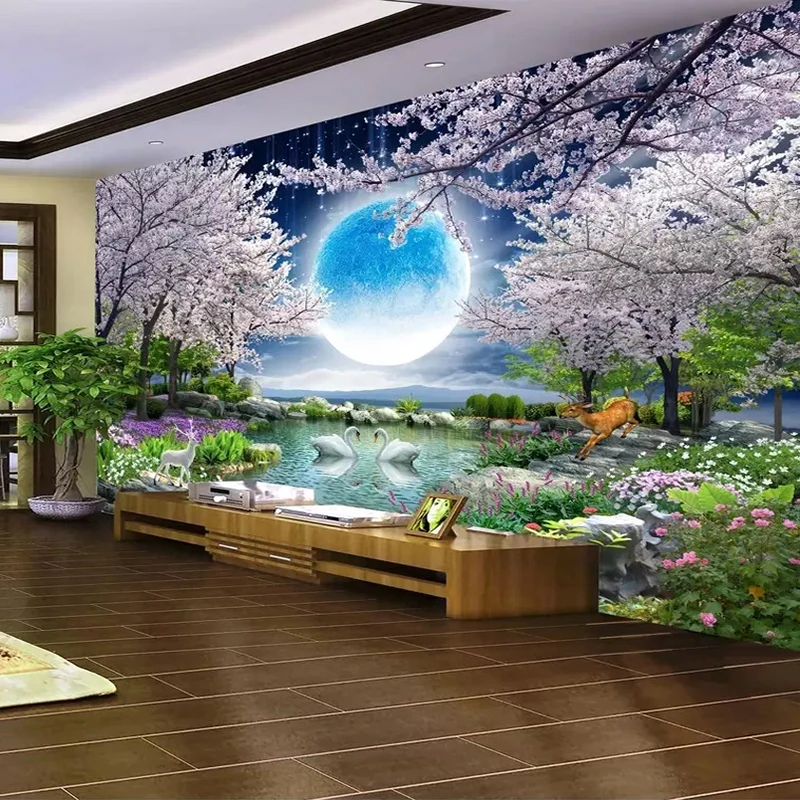 Пользовательские 3D обои Moon Cherry Blossom настенный пейзаж с деревом водостойкая