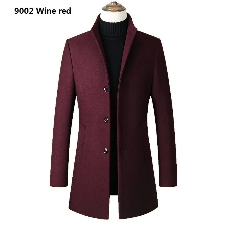 Wine red 9002 Мужская куртка, зимняя мужская модная шерстяная куртка, пальто, повседневное приталенное пальто со стоячим воротником, мужское длинное шерстяное пальто, мужская верхняя одежда - Цвет: Wine red 9002