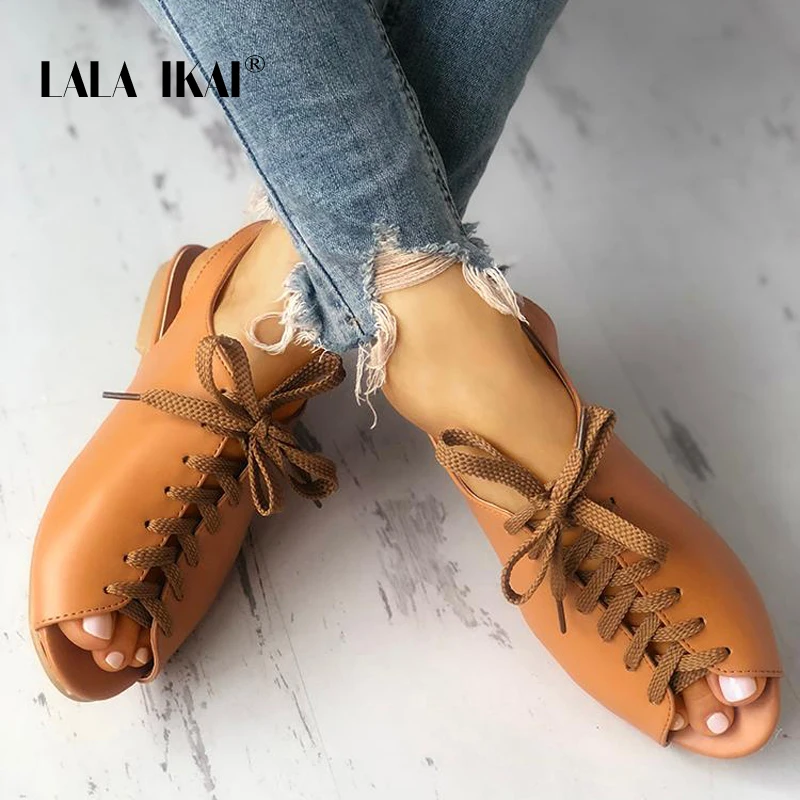 LALA IKAI/женские босоножки на шнуровке с открытым носком низком каблуке из