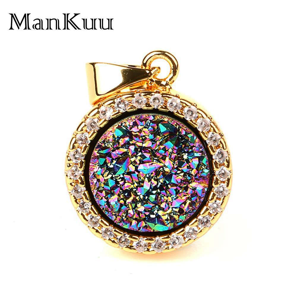 Mankuu Round Opal Druzy Pendant Charms Gold Plating Rainbow Crystal Natural Stone Pendants DIY Jewelry Making Accessories | Украшения и
