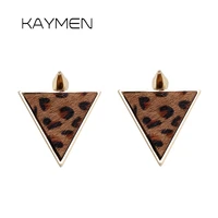 new golden chunky triangle punk stud earrings inlaid real leather statement leopard print fashion earrings bijoux ea 03074