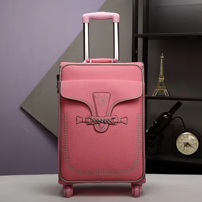 pink Полиуретановый Корейский Роскошный брендовый чемодан для путешествий, кожаный винтажный чемодан на колёсиках - Цвет: pink