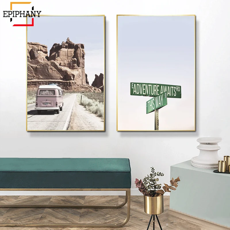 Bus Wall Art Canvas Painting Adventure Awaits Travel Posters and Prints Nordic Boho Pictures for Living Room | Дом и сад