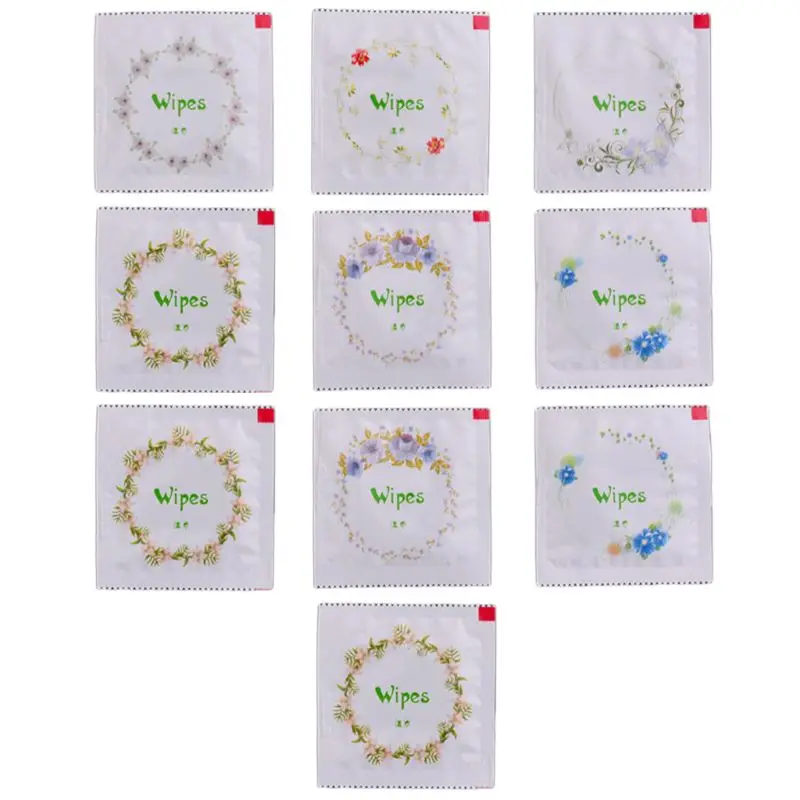 

10Pcs Portable Cartoon Floral Print Condom Shape Wet Wipes Tissue Hand Face Cleaning Travel Random color
