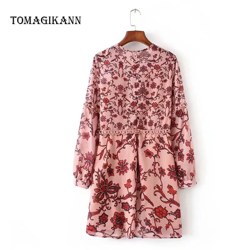 Sexy Flower Print Chiffon Deep V-Neck A Line Full Sleeve Short Dress 2019 Women Fashion Dresses Holiday | Женская одежда