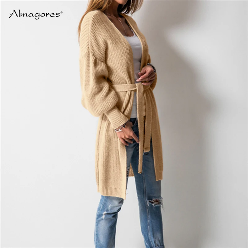 Fashion Women Loose Thick Cardigans V-Neck Sweater Coat Long sleeve Open Stitch Lace Up 2018 Autumn Winter |