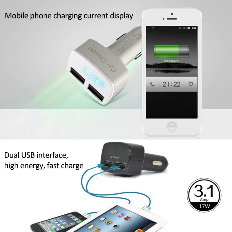 Автомобильное зарядное устройство с двумя USB портами 4 в 1 вольтметр измеритель