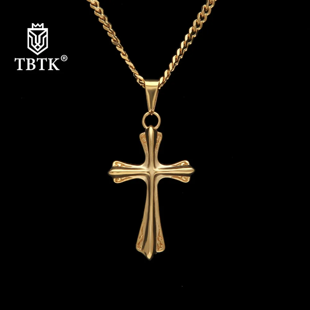 Мужское ожерелье с подвеской-крестом TBTK золотистое металлическое в форме цветка