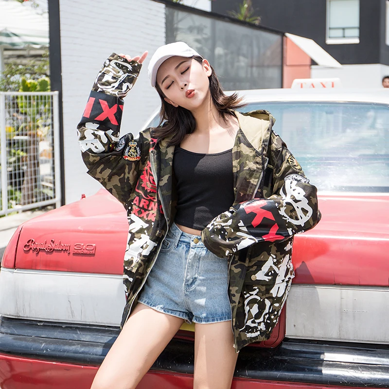 Осень 2018 г. модная женская камуфляжная куртка пальто карман на молнии с капюшоном