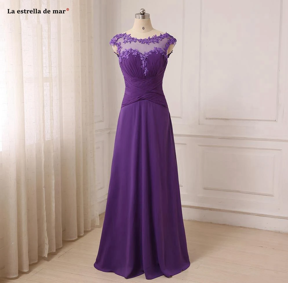 Purple Bridesmaid Dresses Chiffon Sheer Appliqued Lace A-line Real Picture Weddings Guest Dress Long Floor Length vestido madrin