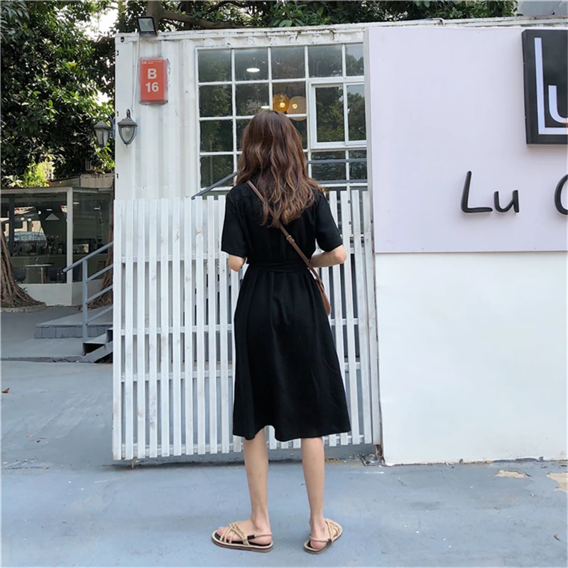 Hzirip Корея Винтаж до колена платья Для женщин короткий рукав пояса одноцветное