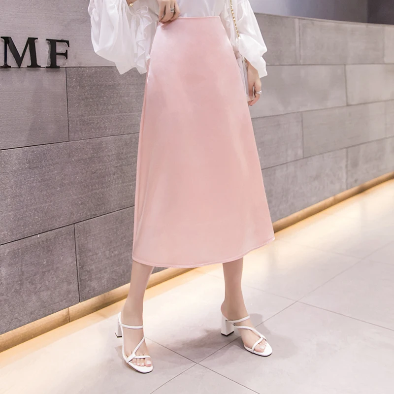 Pink REALEFT Новое поступление женский модный, Шелковый, сатиновый А-силуэт элегантные юбки простые мягкие женские миди юбки для женщин корейский стиль - Цвет: Pink