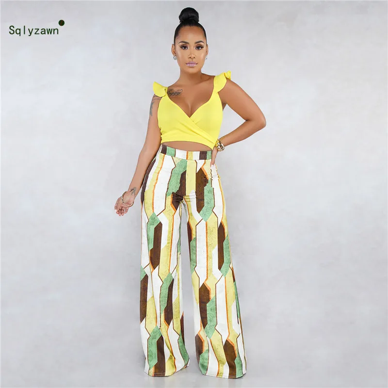 Women 2 Piece Outfits V Neck Ruffle Sleeve Crop Top with Printed Long Palazzo Pants Sets Streetwear Wide Leg Beach Clothes | Женская