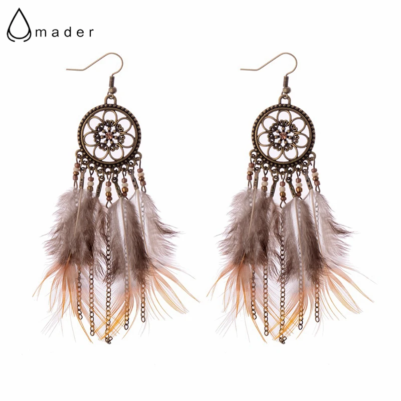 Amader Ловец снов Бронза цепь с перьями кисточки Женские Висячие серьги богемные