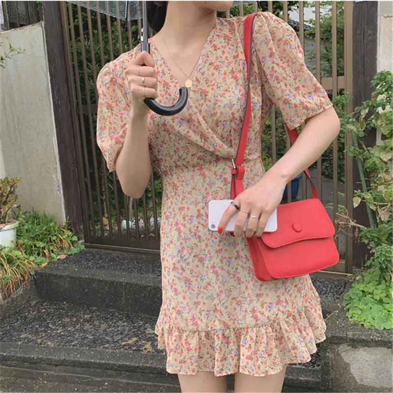 Женское летнее платье с V образным вырезом коротким рукавом и оборками|Женские