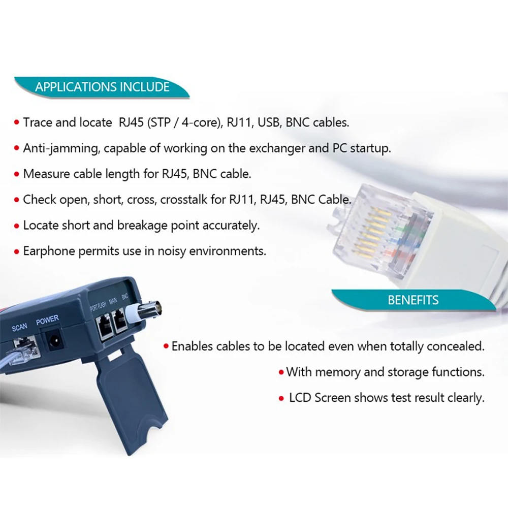 Многофункциональный ЖК-тестер сетевого кабеля RJ11 RJ45 искатель длины провода с 1