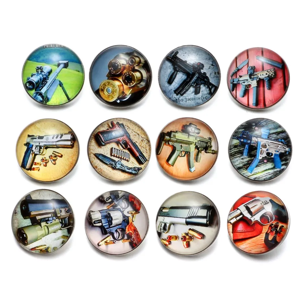 12 шт./лот пушка оружие узор Стекло Шарм 18 мм кнопки украшения для щелкает браслет