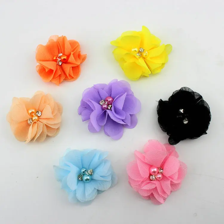 Шифоновые цветы с жемчугом 5 см аксессуары сделай сам для маленьких девочек