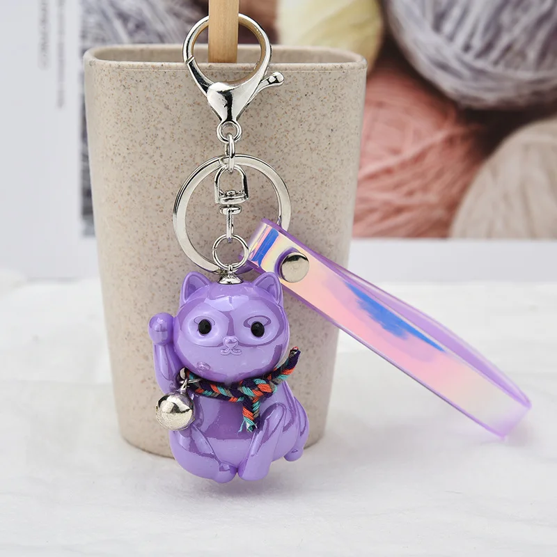 Purple Новинка, брелок для ключей Lucky Cat, милый мультяшный брелок для ключей, пара колокольчиков, ПВХ, волшебный цвет, кожаный шнур, брелок для автомобиля, сумка, висячая, K2269 - Цвет: Purple