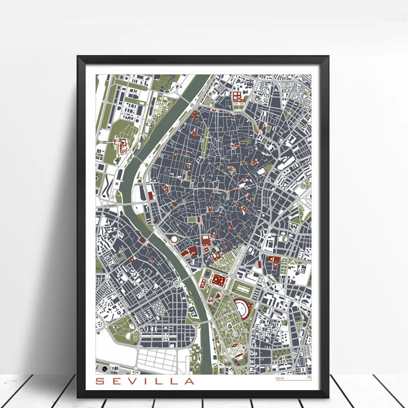 Seville Engraving 16 знаменитый город, классическая Карта, плакат и печать, настенная живопись, холст, Париж, copenague, Мадрид, карта для гостиной, домашний декор - Цвет: Seville Engraving
